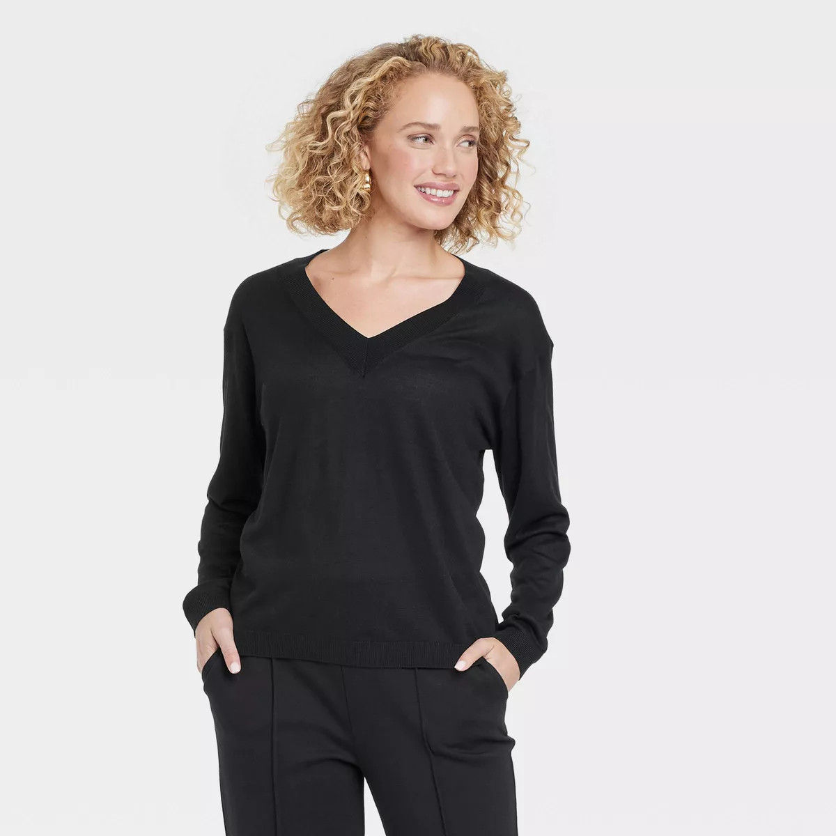 Women's Fine Gauge V-Neck Pullover Sweater - A New Day™ Black M | Target