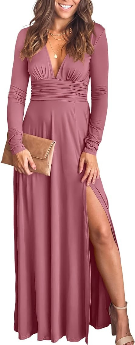 ANRABESS Women's Deep V Neck Short Sleeve Long Dresses Pleated High Waist Slit Club Party Evening Ma | Amazon (US)