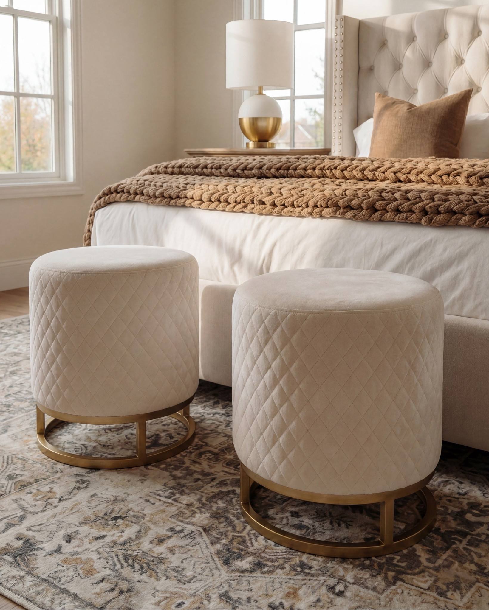 Shop the Look: Bedroom Refresh
This bedroom feels warm, serene, and quietly luxurious. Soft neutrals and natural wood tones create balance, while the tufted headboard and layered textiles add depth and comfort. Exposed ceiling beams bring architectural character, grounding the space in an elevated rustic elegance.

The symmetry of the layout—paired nightstands, lamps, and ottomans—keeps the room feeling calm and intentional. Subtle brass accents and warm browns give it a refined, timeless finish.

Shop the Look:
• Upholstered tufted bed (cream or ivory)
• Neutral upholstered bench or bed frame base
• Wooden nightstands (medium warm wood)
• Table lamps (white shade, brass base)
• White bedding (duvet + sheets)
• Brown textured throw blanket
• Neutral accent pillows (tan or camel)
• Framed floral artwork (warm brown tones)
• Quilted round ottomans (cream)
• Brass ottoman bases
• Vintage-style area rug (neutral pattern)
• Exposed wood ceiling beams
• Decorative bowl or small tray on nightstand
•wood decor beads

#LTKhome #LTKsale #LTKstyletip