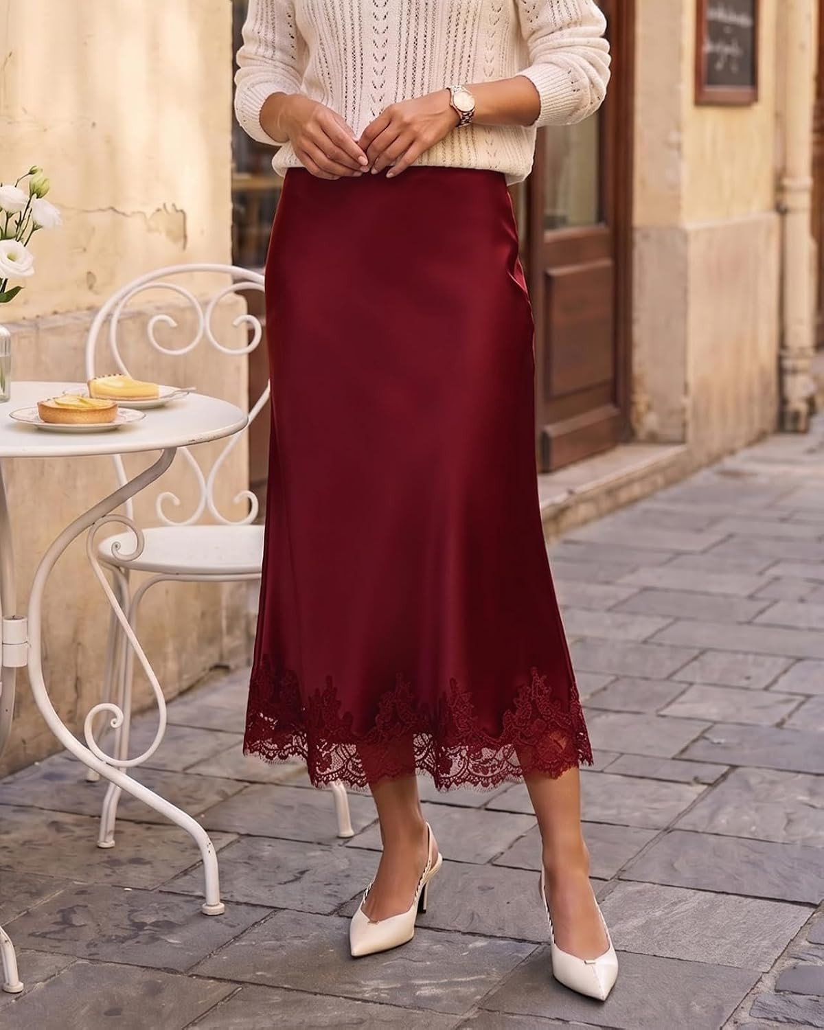 VividMosaic Lace Trim Satin Midi Skirt High Waisted Long Skirt for Women | Amazon (US)