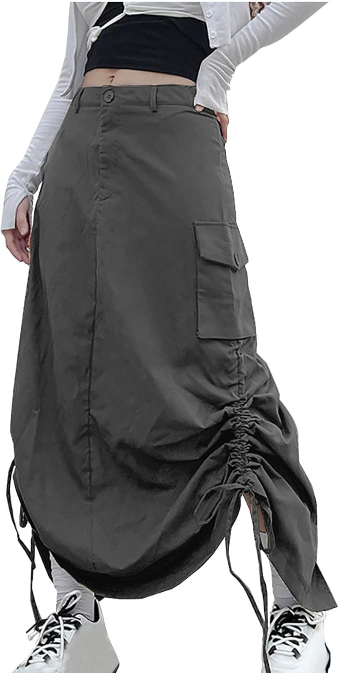 Women's Skirt Drawstring Y2K Cargo Long Skirts Low Waist Slit Maxi Ruched | Girls' Vintage Street... | Amazon (CA)