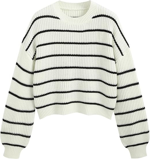 CIDER Women’s Cropped Striped Sweater Long Sleeve Crew Neck Trendy Pullover Tops | Amazon (US)