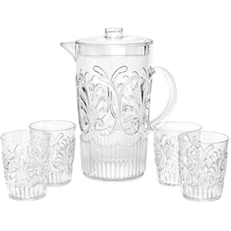 Break Resistant"Dew Drop" Clear Plastic Pitcher with Lid and 4 Tumbler Glasses Drinkware Set - Perfe | Amazon (US)