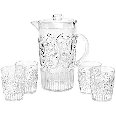 Break Resistant"Dew Drop" Clear Plastic Pitcher with Lid and 4 Tumbler Glasses Drinkware Set - Perfe | Amazon (US)