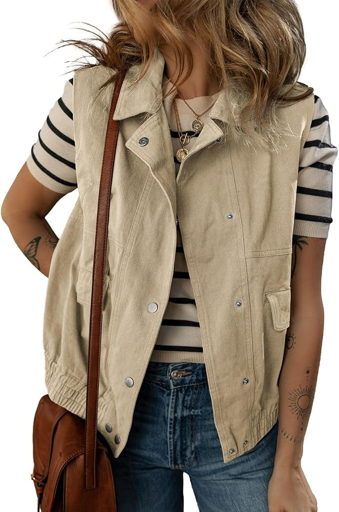 Dokotoo Womens Vests 2026 Spring Summer Outerwear Button-Down Lapel Collar Elastic Hem Sleeveless... | Amazon (US)