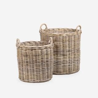 Banda Natural Round Rattan Basket with Handles (Set of 2) | The Home Depot