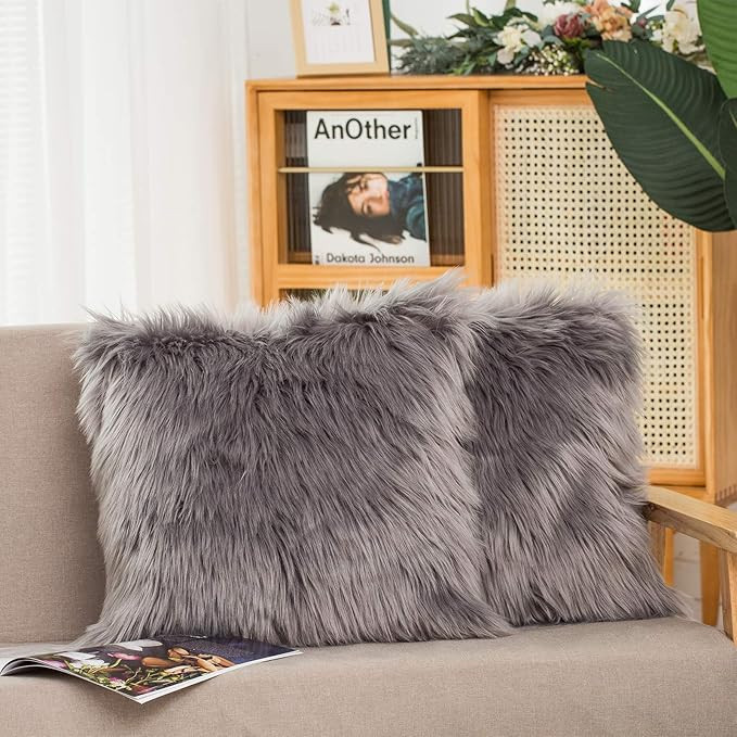 HYSEAS Set of 2 Decorative Faux Fur Throw Pillow Covers, Grey Fluffy Soft Fuzzy Square Cushion Co... | Amazon (US)