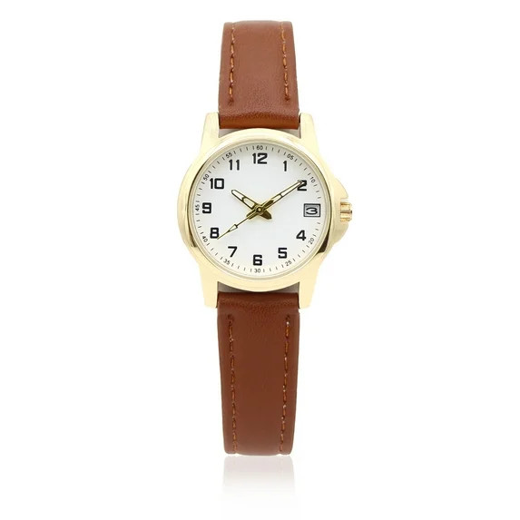 Time & Tru Ladies' Gold Tone Watch with PU Brown Strap and Date Function, 26.5 MM - Walmart.com | Walmart (US)
