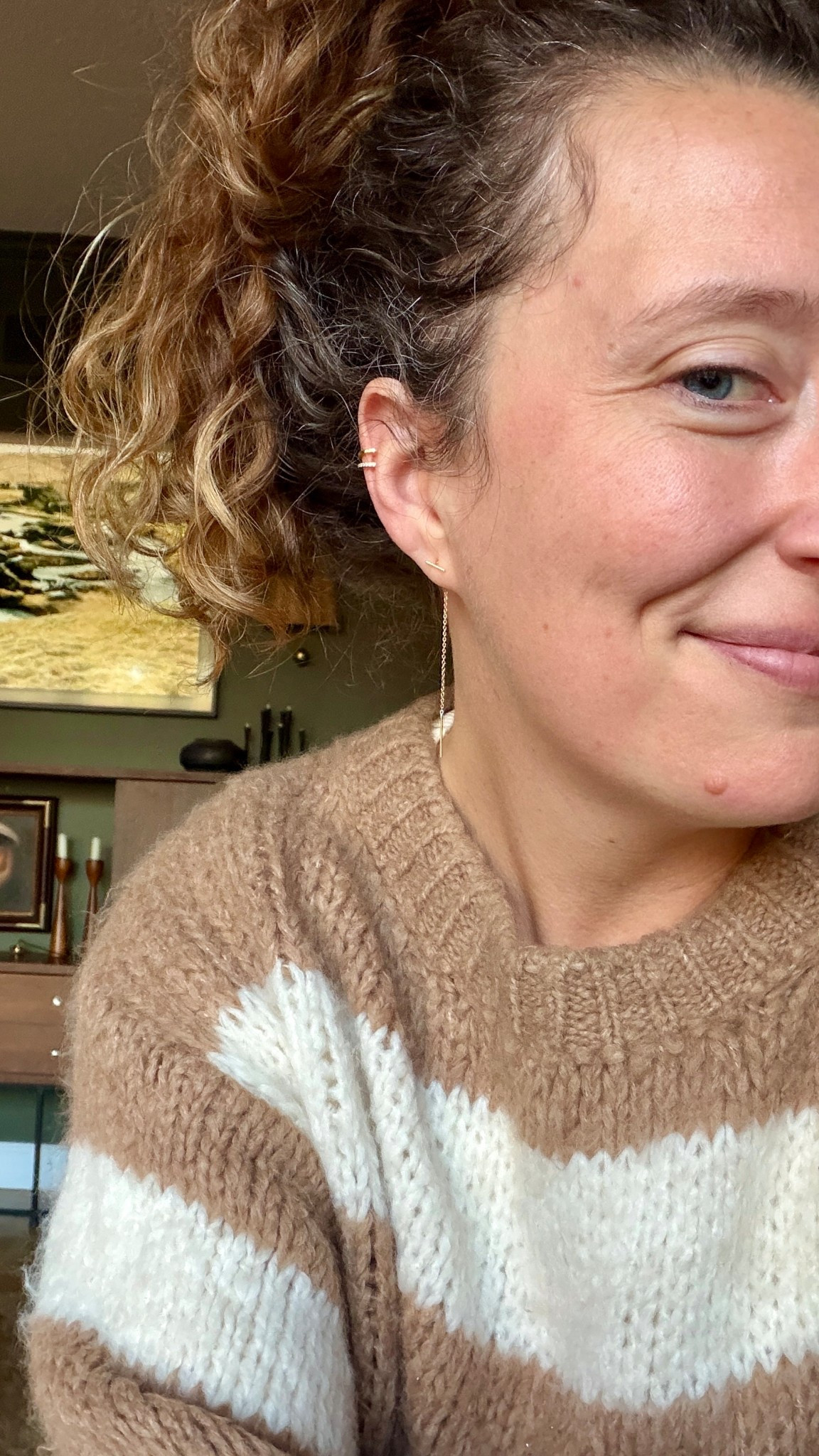 Favorite earrings! Gold bar chain thread earrings by Chan Lu and fake diamond cuff. 