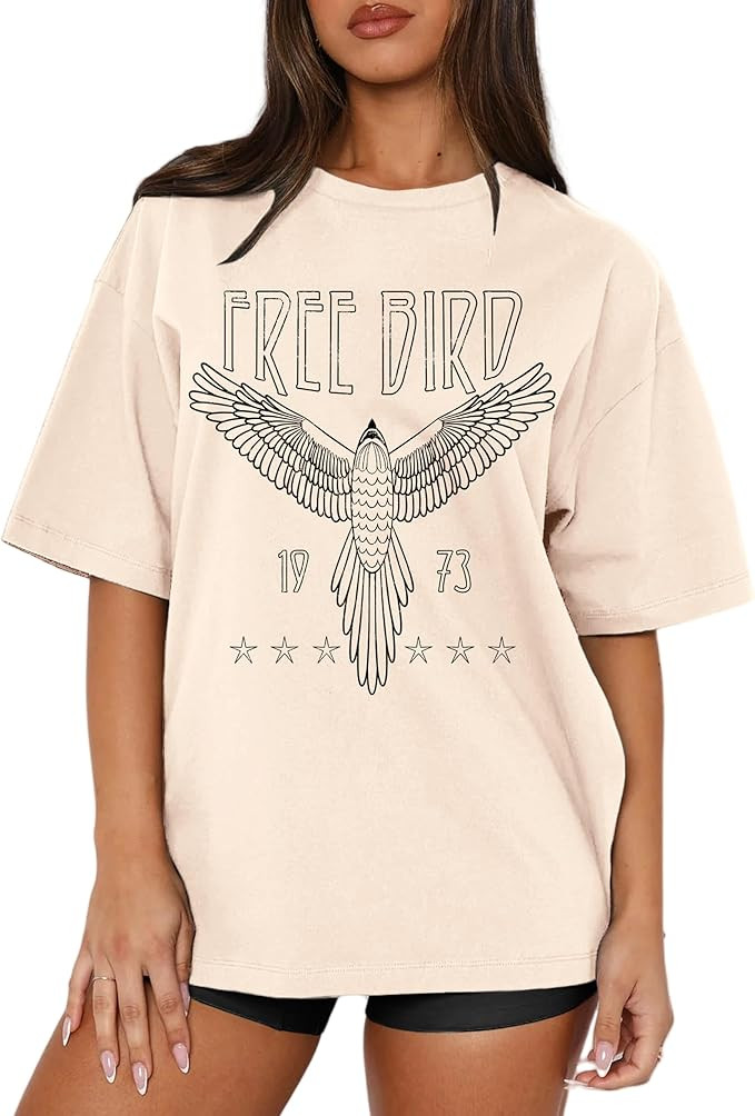 MAPICK Women Oversized Free Bird T-Shirts Vintage Eagle Graphic Short Sleeve Tees Casual Band Mus... | Amazon (US)