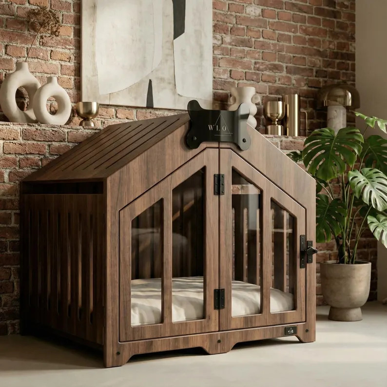 WLO\u00ae Classic Walnut Gabled Dog Crate | Indoor & Patio Dog Kennel, Luxury Furniture | Etsy (Global)