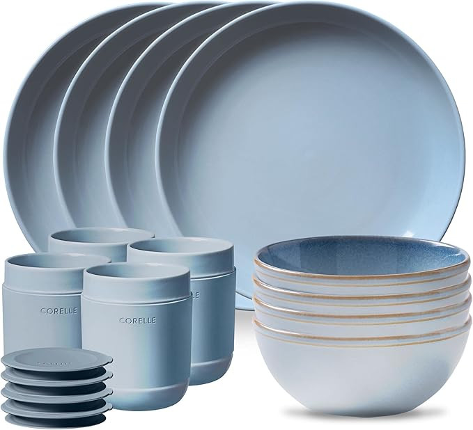 Corelle Stoneware 16-Pc Dinnerware Set, Handcrafted Artisanal Double Bead Plates, Meal Bowls, Bow... | Amazon (US)