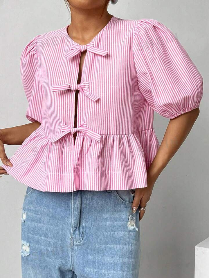 SHEIN SHEIN Comfortcana Women's Short Puff Sleeves Striped Shirt With Bow Tie, Slim Fit4.71(500+) | SHEIN