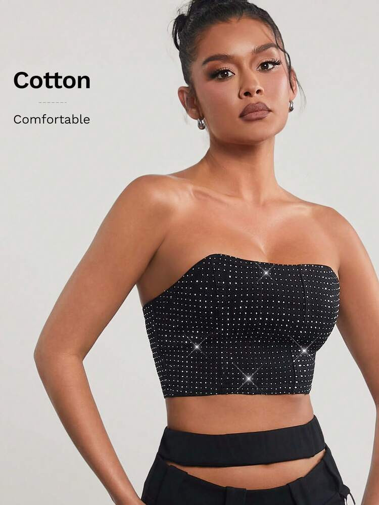 Denimoi Fall Women Clothes, Women's Black Summer Fashionable Sexy Elegant Rhinestone Embellished Fitted Crop Top With Strapless Denim Design, Date Night, Concerts, Performances, Music Festivals, Parties, Clubs, Holidays | SHEIN