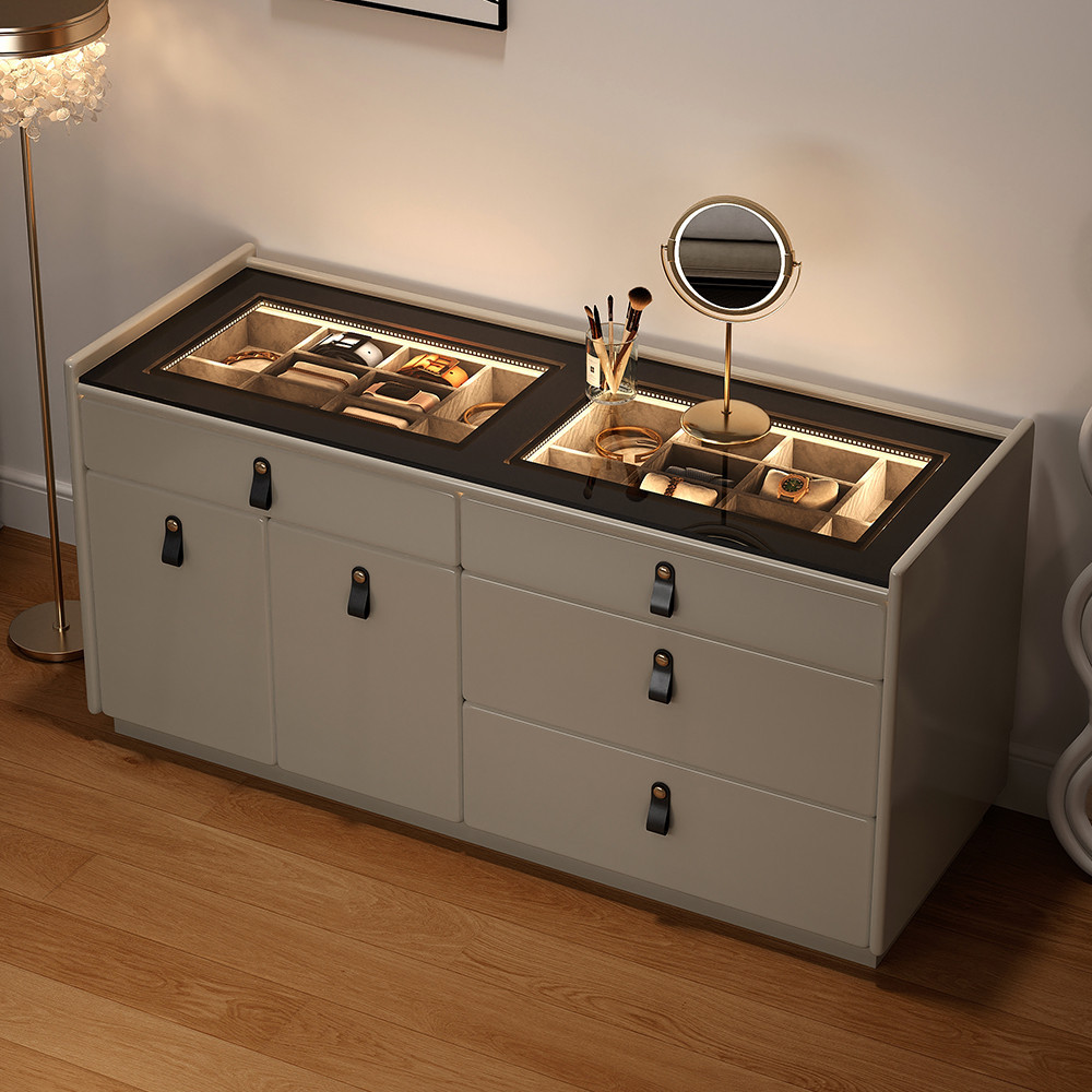 Modern 47""W Glass 4 Drawer Dresser with Light Closet Island with Jewelry Storage & Doors | Homary