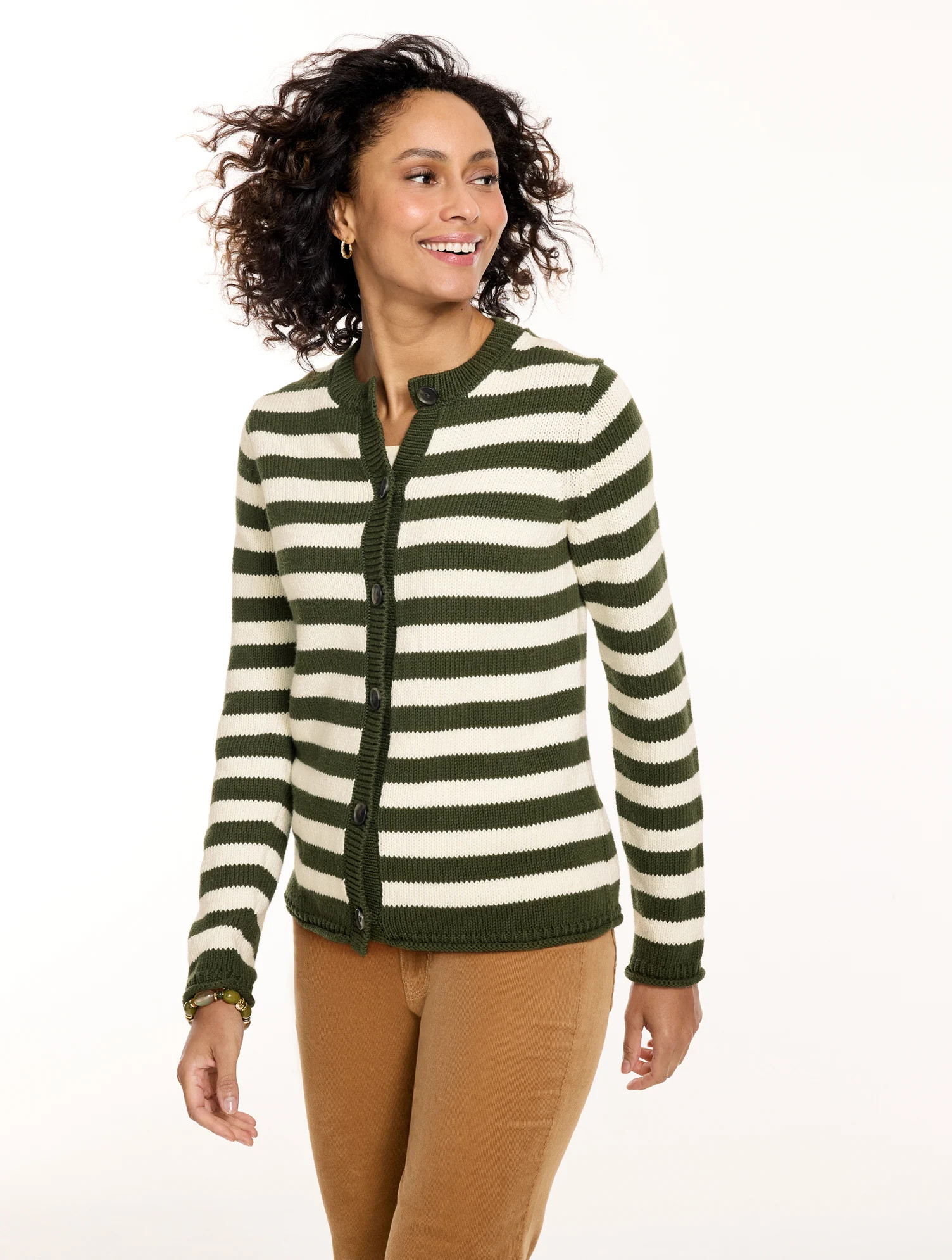 Plus Size - Roll Edge Cardigan Sweater - Stripe - Red/Sesame - 3X - 100% Cotton Talbots | Talbots