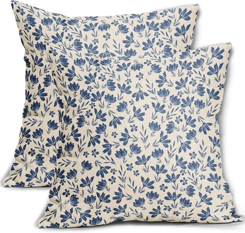 Aytipun Blue Floral Pillow Covers 18x18 Set of 2 Vintage Rustic Old Style Cute Small Flower Blue ... | Amazon (US)