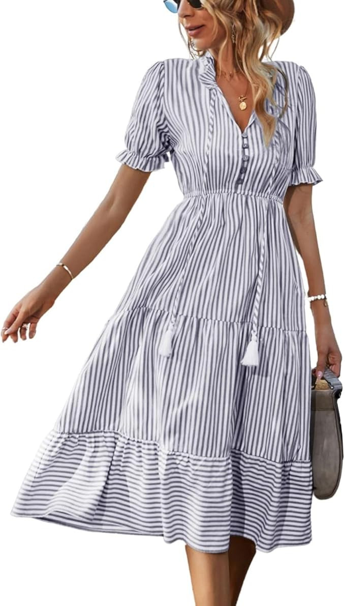 Sexyasasii Women's Summer Ruffle Puff Sleeve Dress Short Sleeve V Neck High Waist Casual Loose St... | Amazon (US)