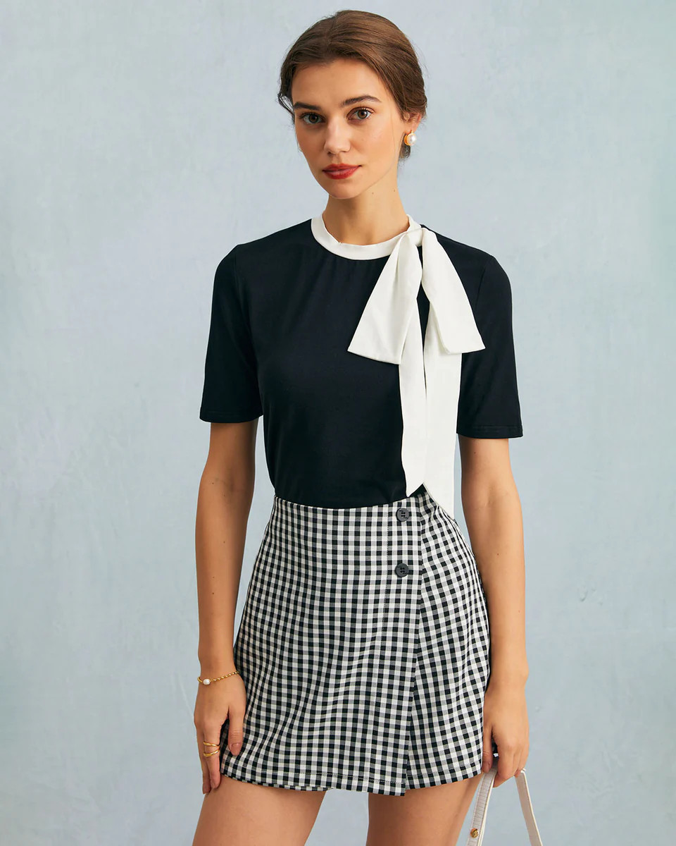 The Black Round Neck Colorblock Bowknot Top & Reviews - Black - Tops | RIHOAS | rihoas.com