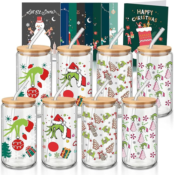 8 Pcs Christmas Glass Cups with Lids and Straws, 16 oz Iced Coffee Cups with Bamboo Lids, Christm... | Amazon (US)