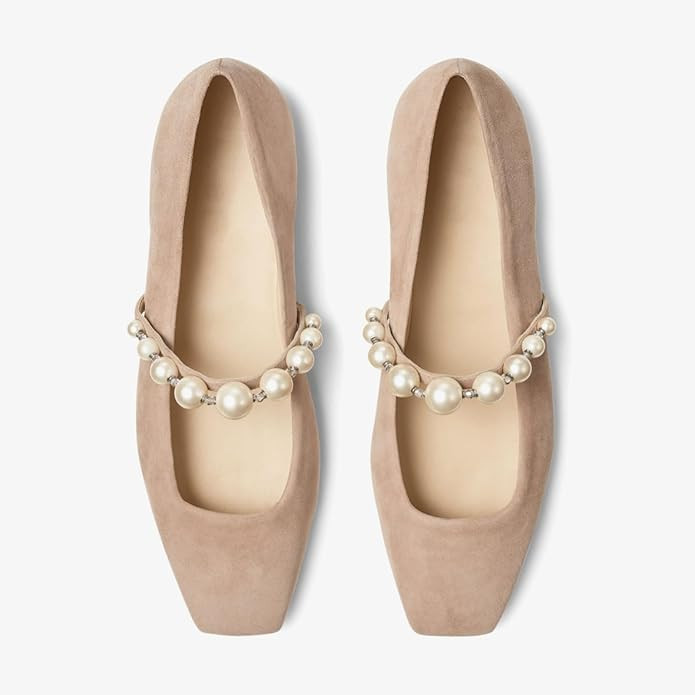 MIRAAZZURRA Ballet Flats for Women Mary Jane Flats Square Toe Pearl Strap Retro Dress Shoes | Amazon (US)