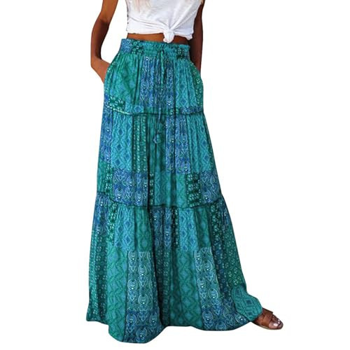 Boho Skirts for Women Floral Maxi Skirt Trendy Pleated Flowy Skirt Drawstring Elastic High Waisted Skirts Long Ruffle Skirt Swing Tiered Skirt Elegant Ankle Length a Line Skirt Cute Renaissance Skirt | Amazon (US)