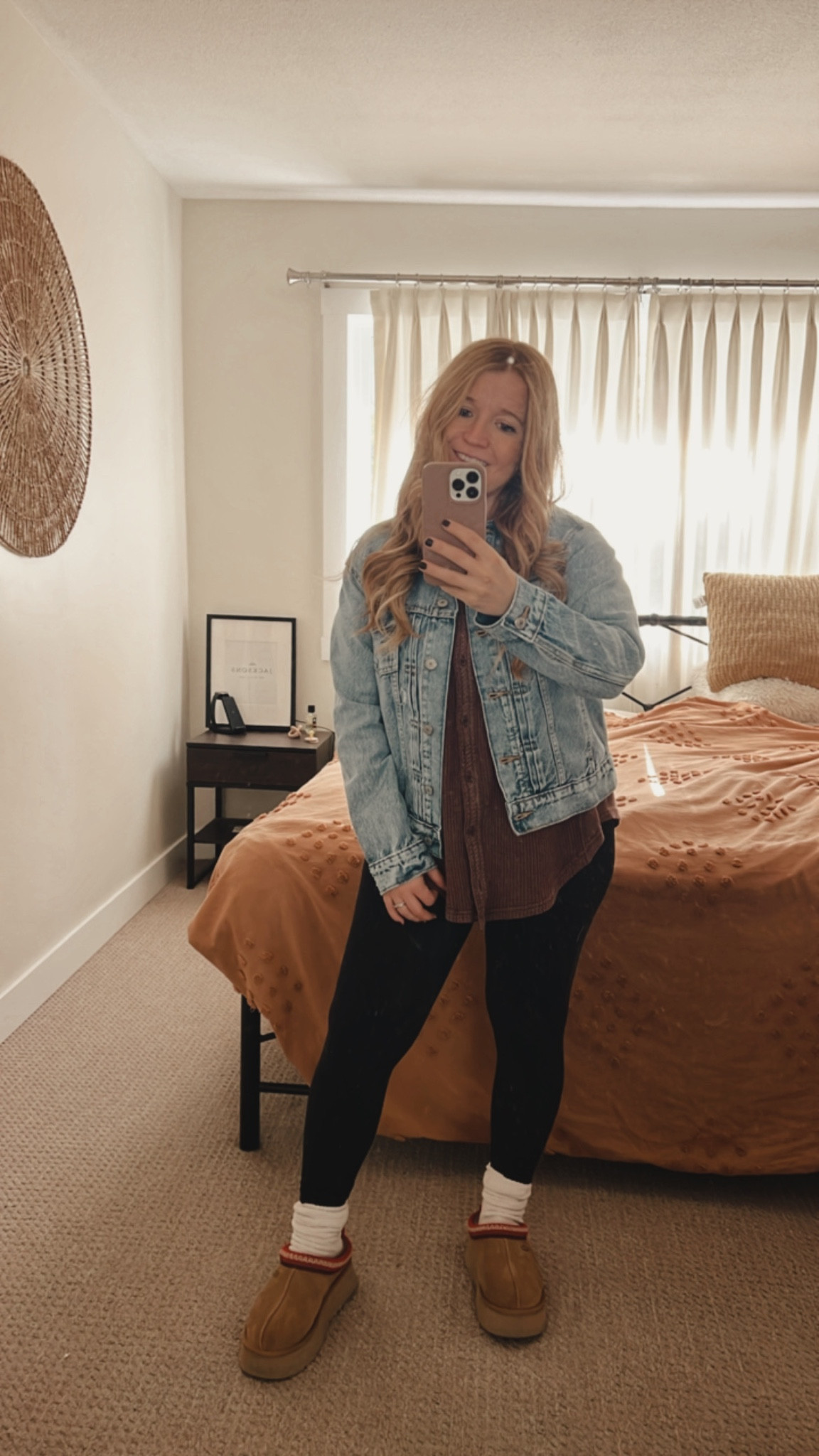 Jean jacket, old navy (xs). 
Waffle shirt, aerie (size down).
Leggings, aerie (size small, short)
Slouchy socks, aerie.
Ugg Tazz, (size up).

Fall outfit, fall fashion, casual outfit, fall clothes, cozy clothes.