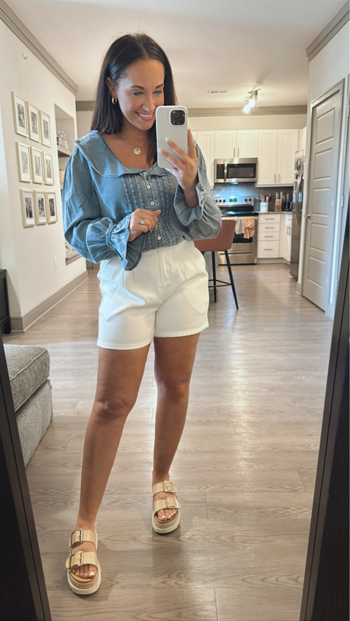 Denim blouse, white tailored shorts 

#LTKstyletip #LTKsalealert #LTKfindsunder50