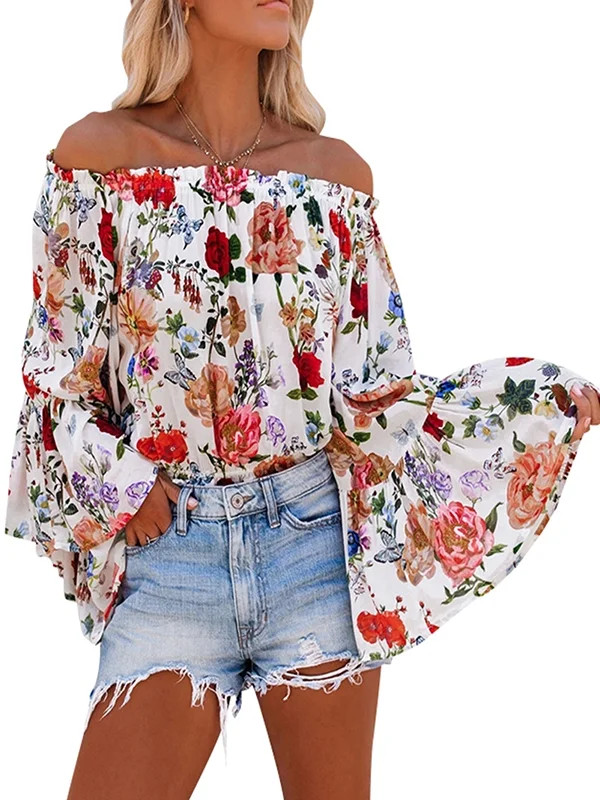 LilyLLL Womens Off Shoulder Flared Bell Sleeve Blouse Floral Print Shirt Tops | Walmart (US)