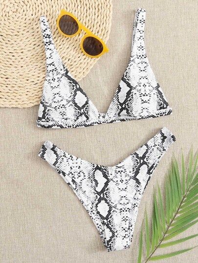 Snakeskin Triangle High Cut Bikini Swimsuit | SHEIN