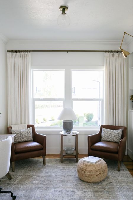 Home office, linen drapery, leather chairs, vintage rug, home decor 

#LTKstyletip #LTKhome #LTKsalealert