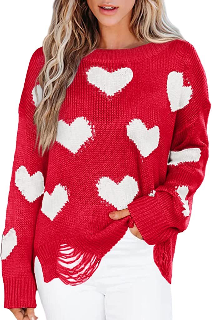 Tutorutor Womens Cute Love Heart Print Sweaters Oversized Off The Shoulder Loose Knitted Valentin... | Amazon (US)