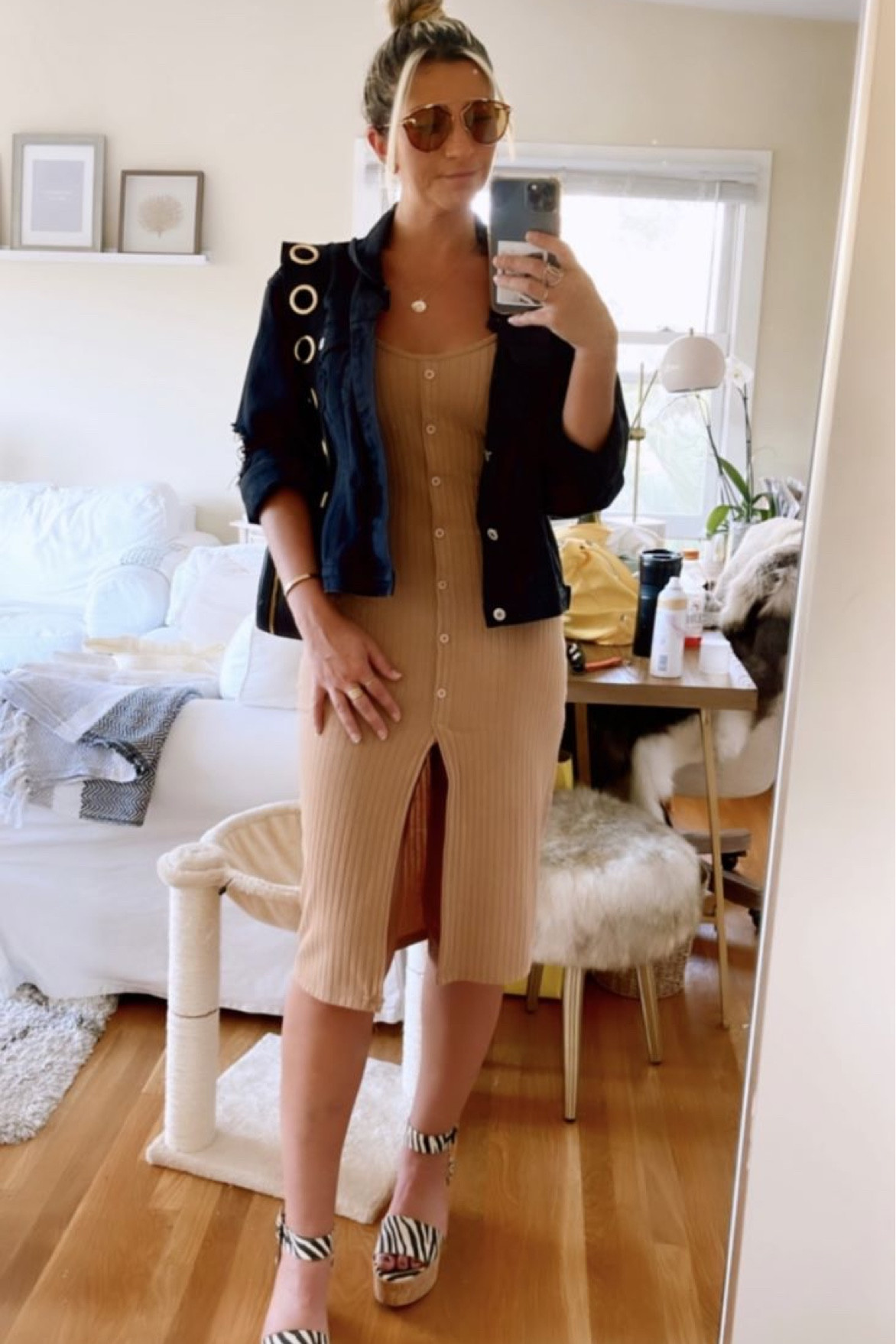 Casual outfit. Comfortable look. Beige dress. Neutral dress. Black jacket. Sunglasses. Black shoulder bag. Print zebra shoes. #fashioninspiration #stylingideas #blackdenimjacket #oversizeddenimjacket #mididress #diorsunglasses #casuallook 

#LTKStyletip #LTKFashion #LTKFit

#LTKtravel #LTKfit #LTKstyletip