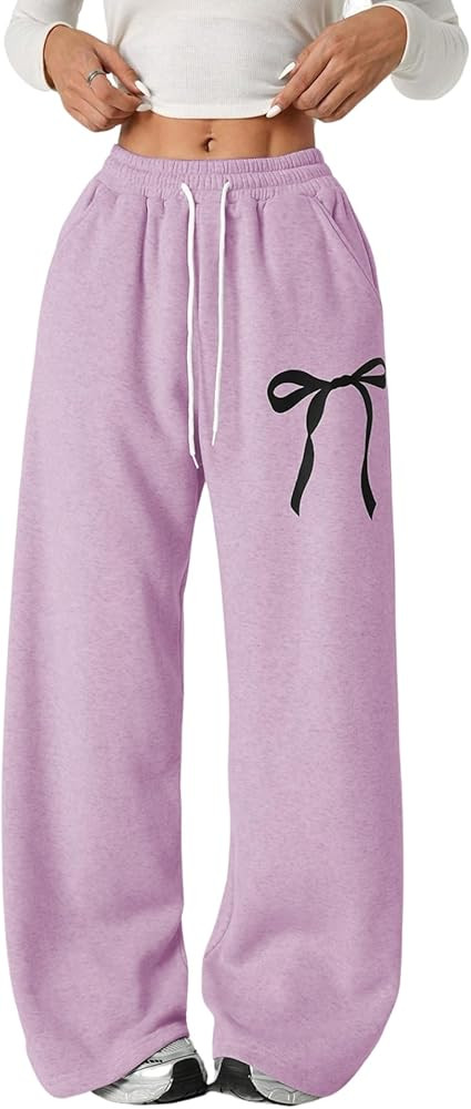 Verdusa Girl's Bowknot Baggy Sweatpants Lightweight Straight Leg Athletic Pants with Pockets | Amazon (US)