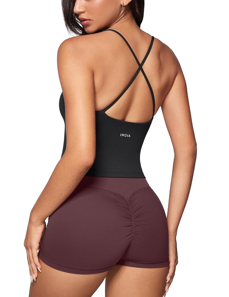 Womens Low Scoop Neck Tank Tops Built in Bra U Back Workout Tanks Spaghetti Criss Cross Strap Sle... | Amazon (US)