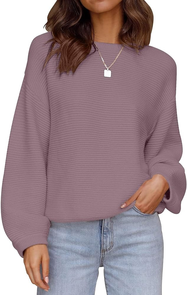 ZESICA Women's Crew Neck Long Lantern Sleeve Fall 2025 Casual Loose Ribbed Knit Solid Soft Pullov... | Amazon (US)