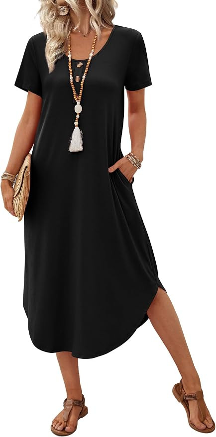 OFEEFAN Summer Dresses for Women 2026 Casual Midi Dresses Beach Vacation Outfits Tshirt Dress wit... | Amazon (US)