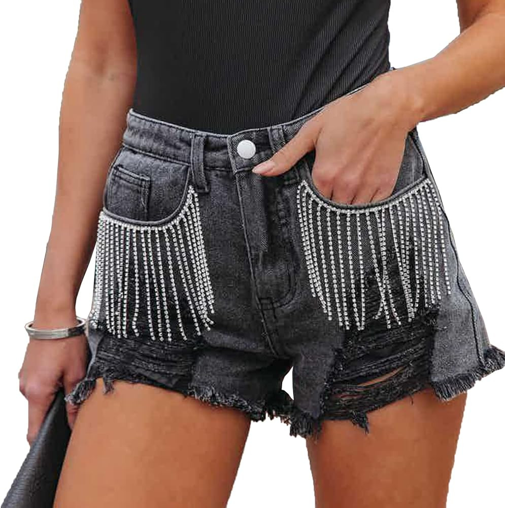 Women High Rise Ripped Denim Shorts Casual Stretch Tassels Raw Hem Jean Shorts | Amazon (US)