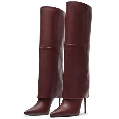 KaroNairy Burgundy Fold Over Boots for Women Knee High Boot Pointed Toe Stiletto Heel Fashion Dress Tall Boots 7.5 | Amazon (US)