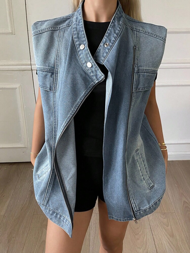 Livesso Women Denim Sleeveless Padded Shoulder Mid-Length Jacket | SHEIN