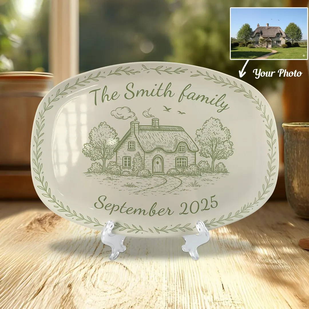 Personalized Cottage Plate, Custom Family Name Ceramic Platter, Green Line Art House Illustration... | Etsy (US)