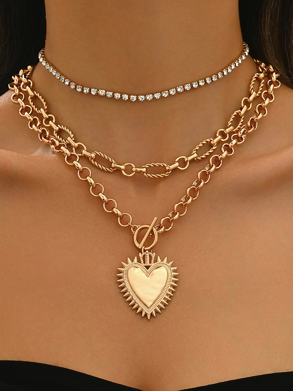 Layered Chain Heart Rhinestone Necklace | Commense