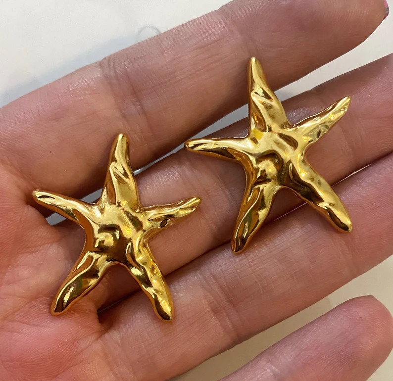 Star Fish Earrings, Large Gold Tone Stud Earrings, 2000s Style, Aesthetic Jewelry, Chunky Kitsch ... | Etsy (US)