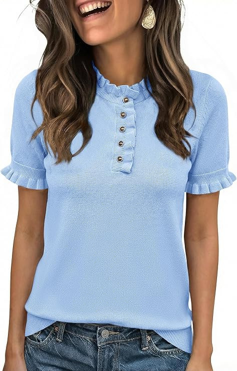 Cicy Bell Womens Puff Short Sleeve Sweater Tops Ruffle Henley Neck Spring Summer Pullover Dressy ... | Amazon (US)