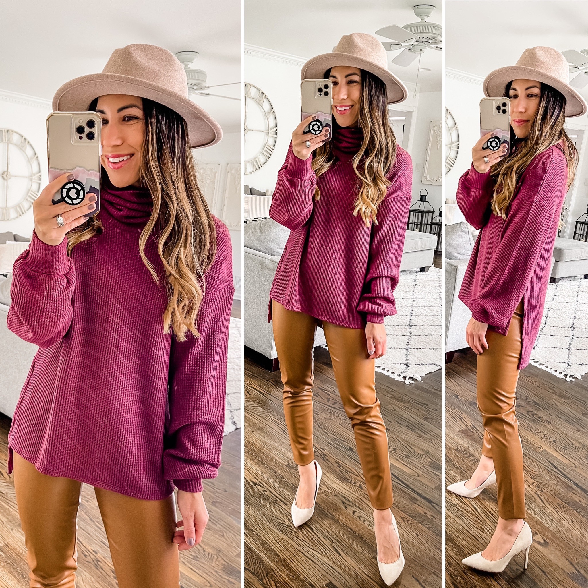 Gibson look, mock neck, tunic, tunics, waffle knit, vegan leather, faux leather pants, faux leather leggings 

Xs in all 

#LTKunder100 #LTKsalealert