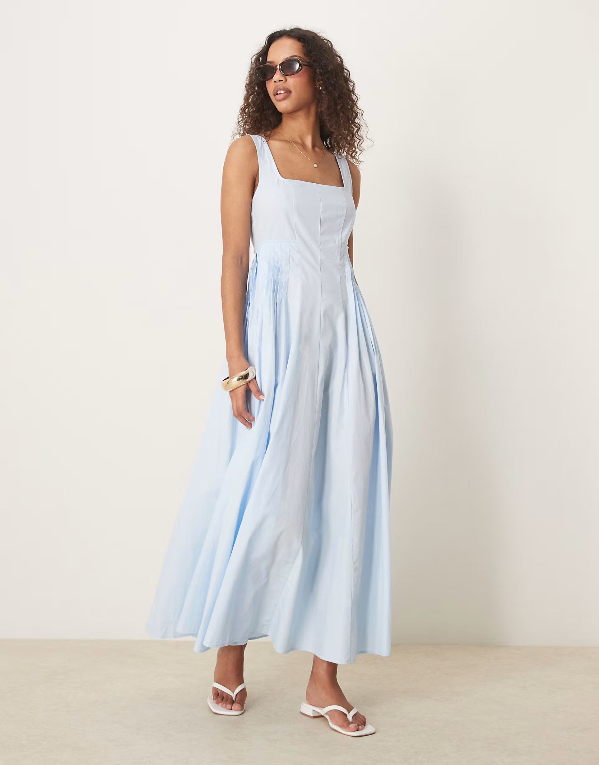 ASOS DESIGN scoop neck pleat waist midi dress in blue | ASOS | ASOS (Global)