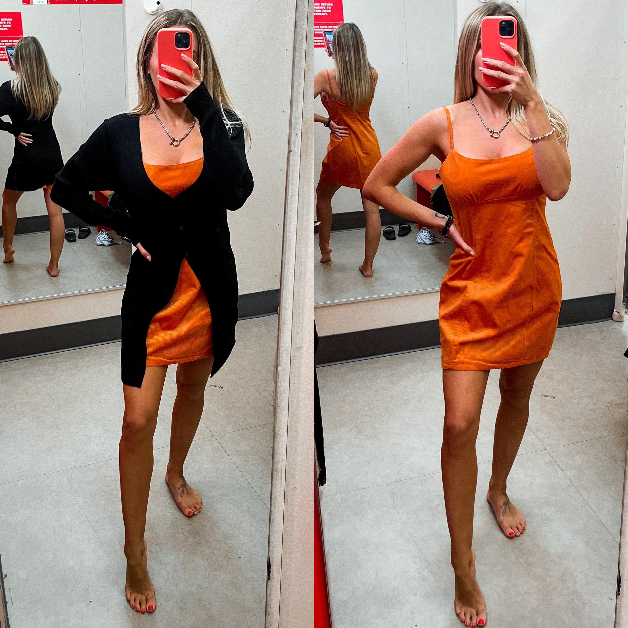 Fall mini orange cord corduroy sleeveless target dress paired with long line black cardigan sweater - wearing size small

#LTKunder50 #LTKstyletip #LTKunder100
