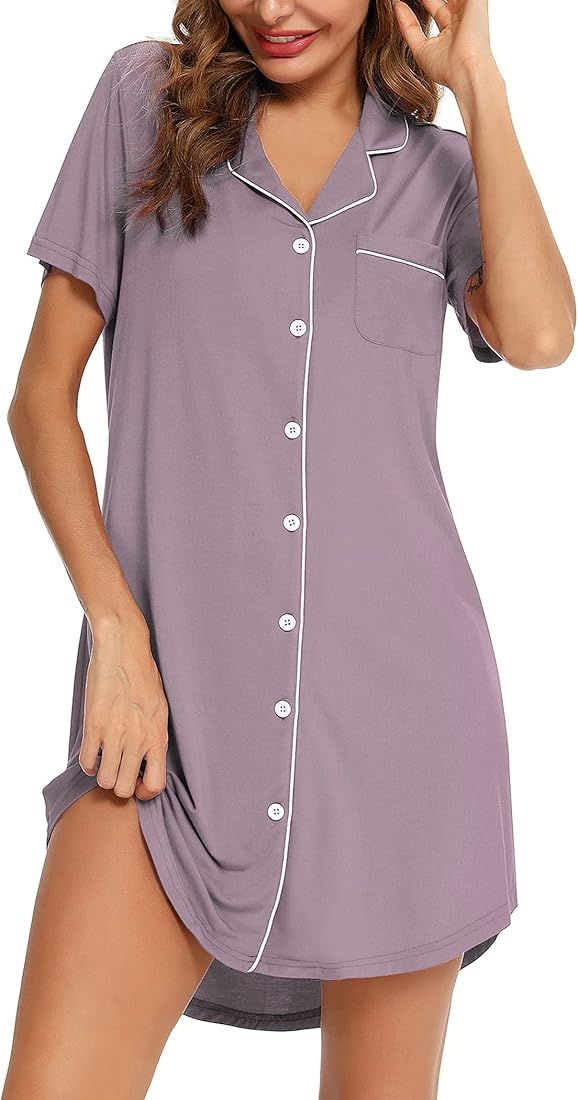 Senert Nightgown for Women Sleep Shirt Short Long Sleeve Sleepwear Boyfriend Nightshirt Button Do... | Amazon (US)
