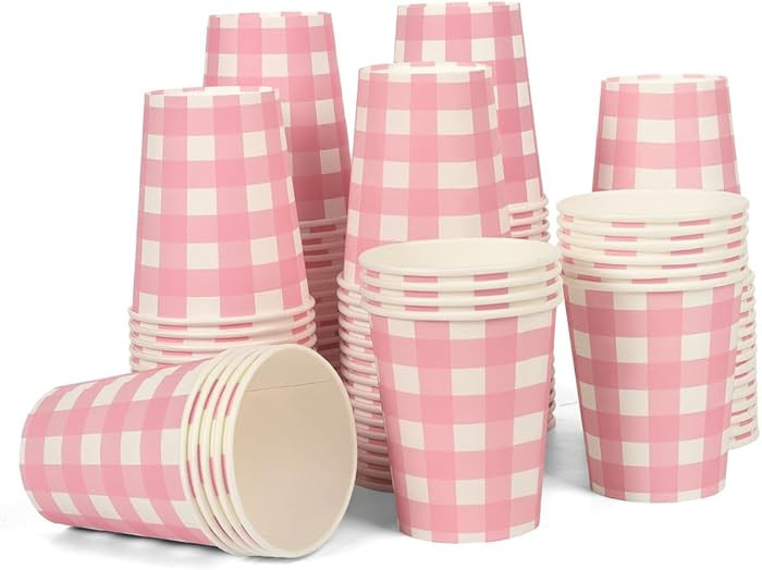 Oppeeye 100pcs 9 oz gingham party Paper cups, Pink Disposable Plaid Paper Checkered Cups for Wedd... | Amazon (US)