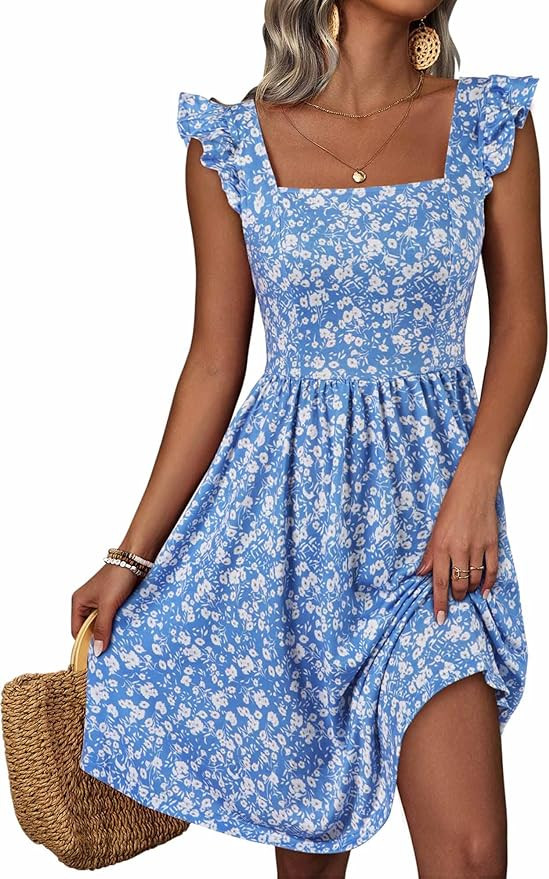 Loemes Summer Casual Cute Floral Flowy Square Neck Sundressses with Pocket Beach Dress for Women | Amazon (US)